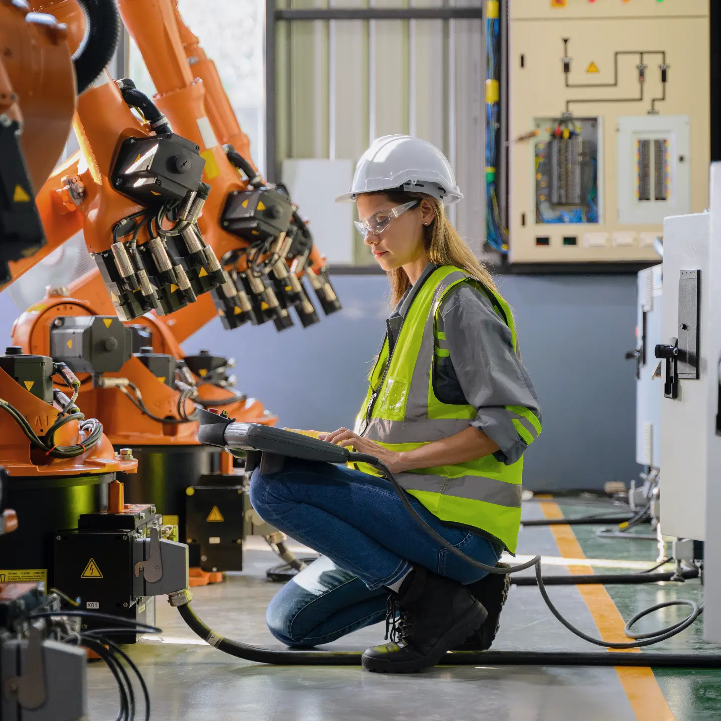 A female technician in a white hard hat and safety vest crouches to operate a handheld controller for orange industrial robotic arms in a factory.