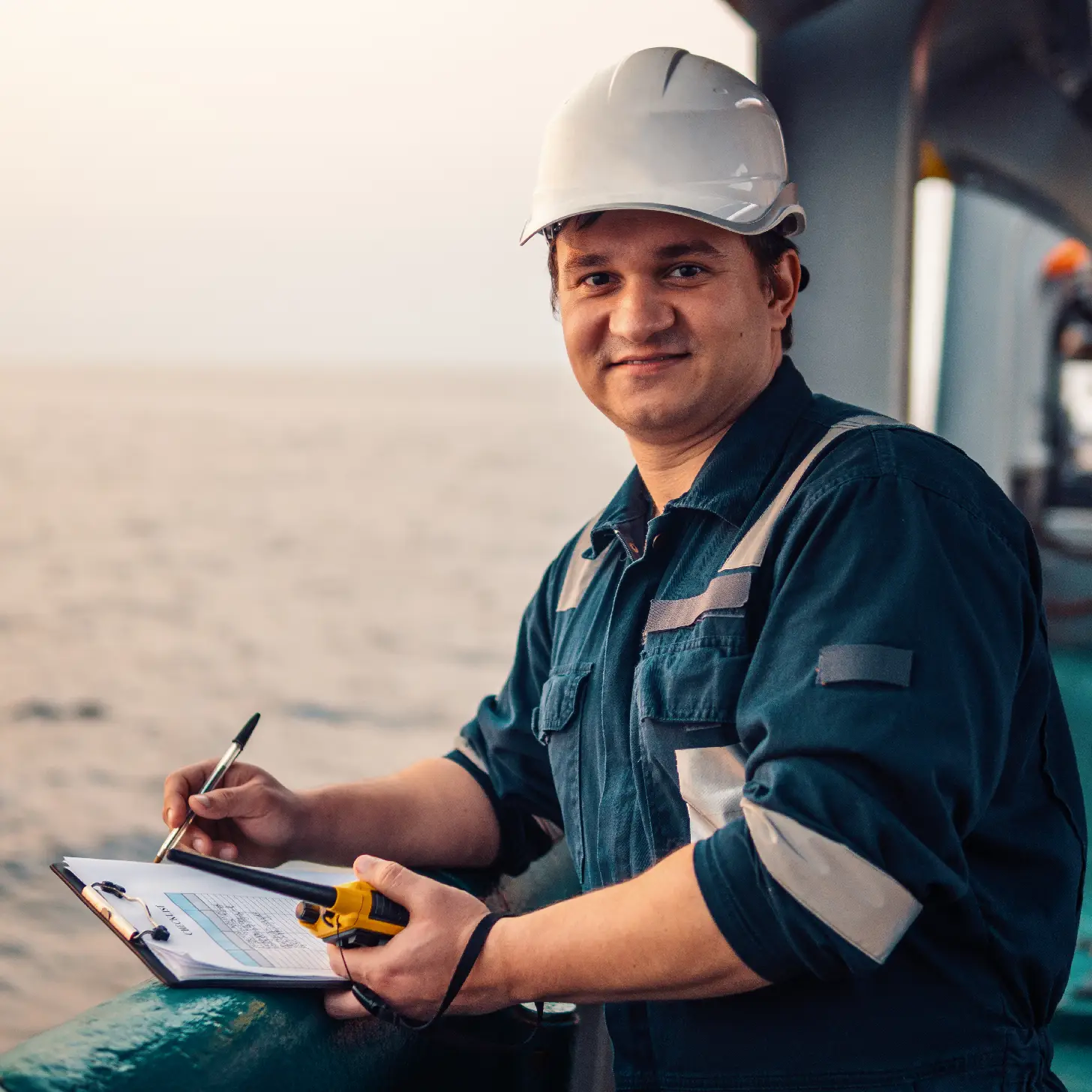 A smiling QA/QC inspector in a white hard hat and blue workwear stands on a ship deck, holding a clipboard and radio while performing a maritime inspection at sea.