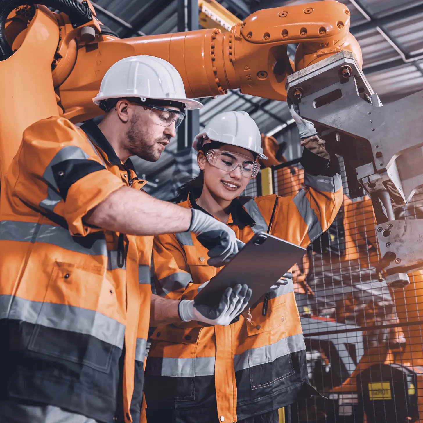 Two industrial engineers in hard hats and high-visibility jackets collaborate using a digital tablet next to a large orange robotic arm in a manufacturing plant.